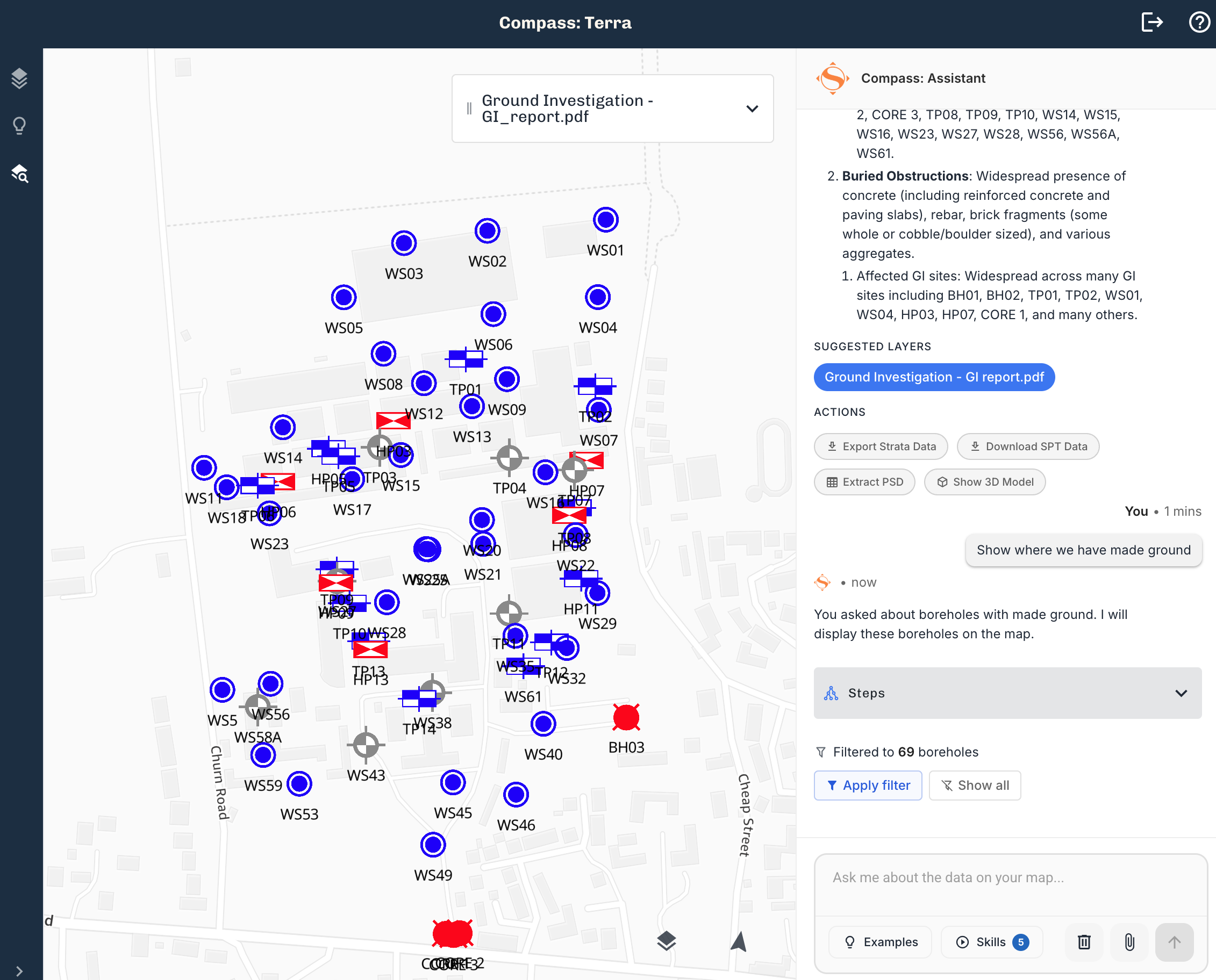 Compass: Terra interactive map with AI assistant answering spatial questions about site data